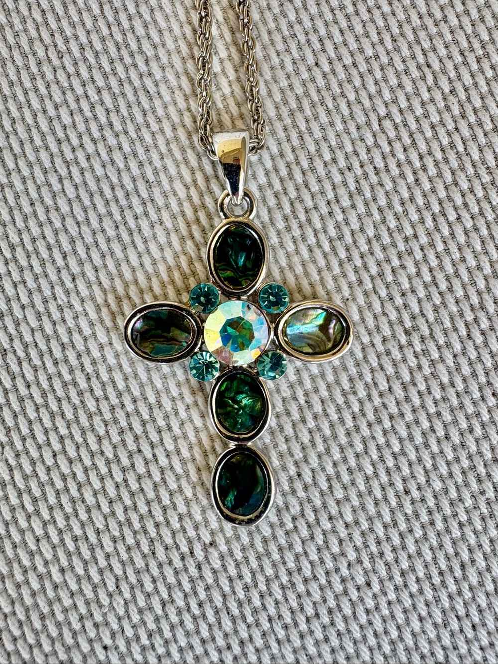 Cookie Lee Silver Cross Necklace with Green Abalone and Aurora Crystal
